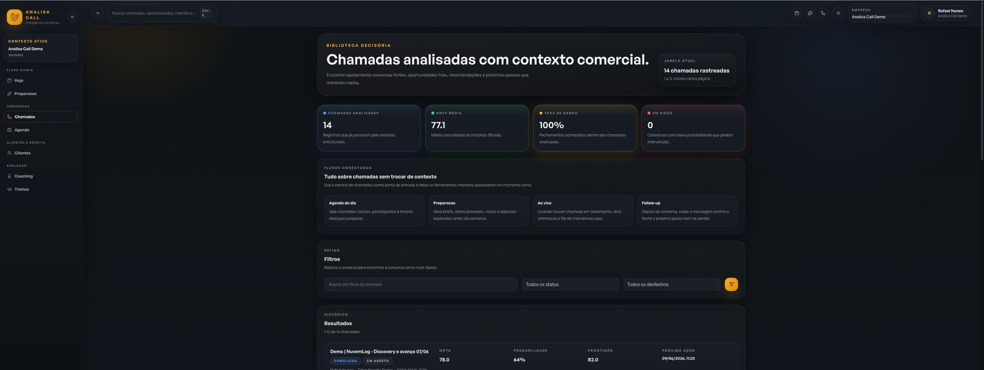 Suas chamadas — 14 calls analisadas com contexto